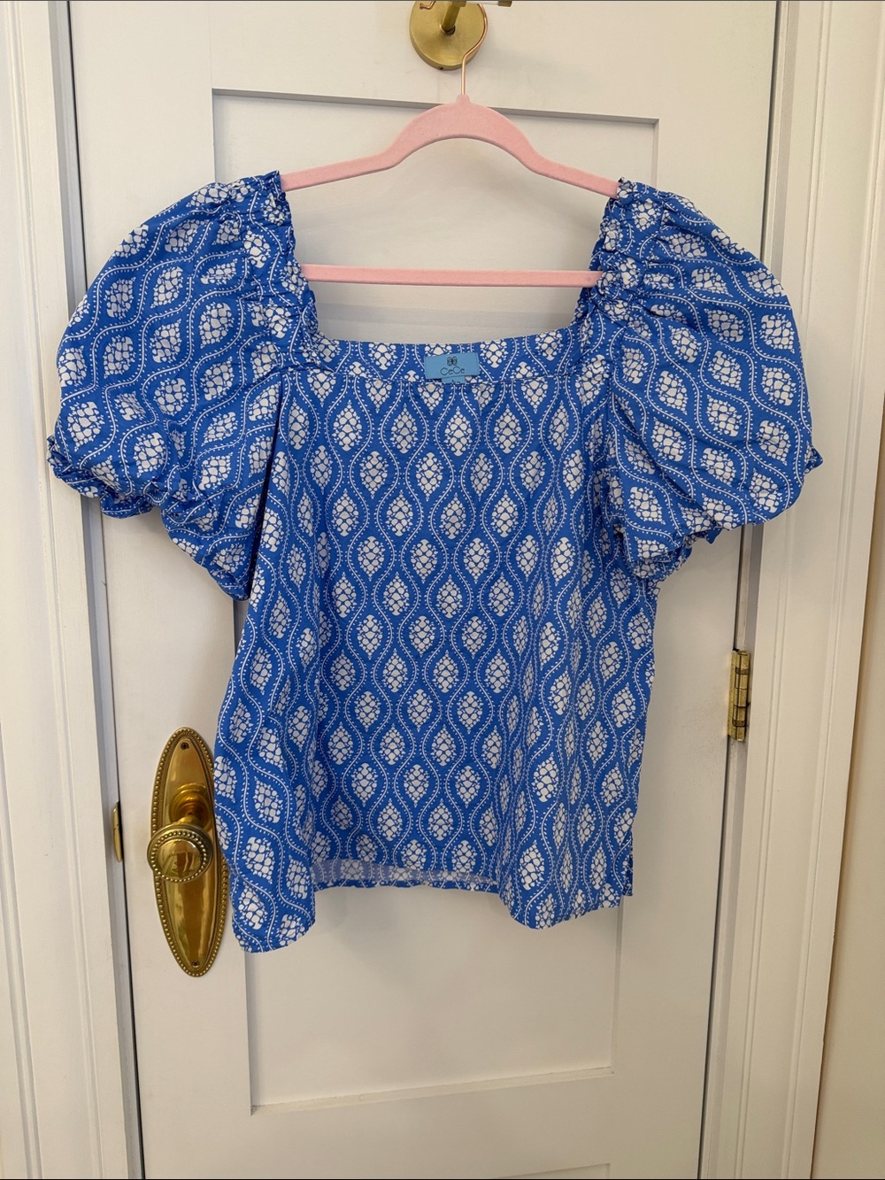 CeCe Blue Printed Puff-Sleeve Square-Neck Blouse